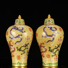 A Pair of Rare Cloisonne Lotus Dragon Pattern Vase