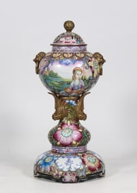 A Rare Enamel Gold Ground Flower and Figure Pattern Beast-Ears Censer