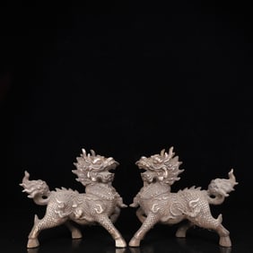 A Pair of Exquisite Silver Kylin Ornaments