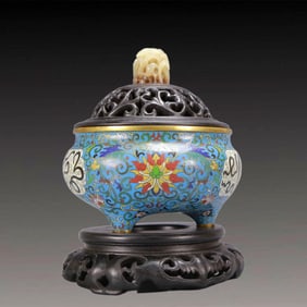An Archaic Cloisonne Lotus Pattern Censer,with Arabic,with Zitanwood Inlaid White Jade Cover