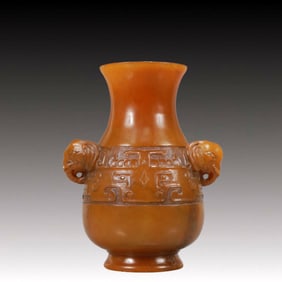 An Exquisite Shoushan Stone Beast-Face Pattern Elephant-Ears Vase