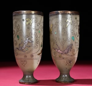 A Pair of Exquisite White Jade Inlaid Gold and Silver Auspicious Beast Pattern Libation Cups