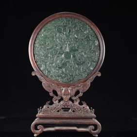 A Huge Zitanwood Inlaid Jasper Auspicious Cloud and Dragon Pattern Table Screen,With an Imperial