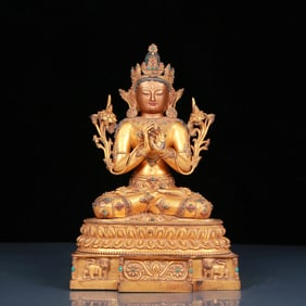 A Brilliant Gilt-Bronze Gem-Inlaid Figure Of Bodhisattva With marks