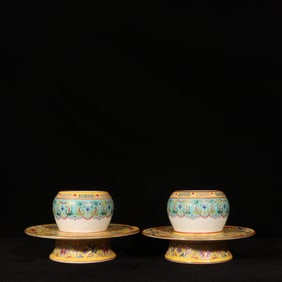 A Pair of Exquisite Enamel Painted Gold Lotus Pattern Cups,With Tray