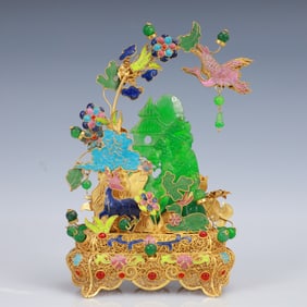 An Exquisite Filigree and Gilding Inlaid Jadeite Landscape Ornament,Inlaid Gems