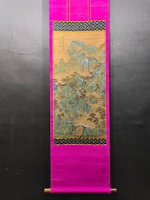 A Chinese Vertical Scroll Ink Painting of Landscape and Figure on Silk,Yan Wengui