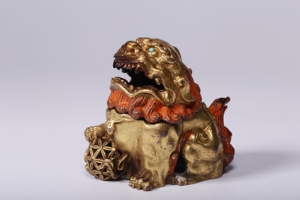 A Rare Gilt Bronze Lion Playing with Ball Incense Burner