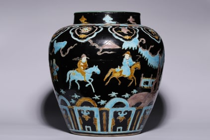 A Rare Fahua Glazed Character and Story Pattern Jar