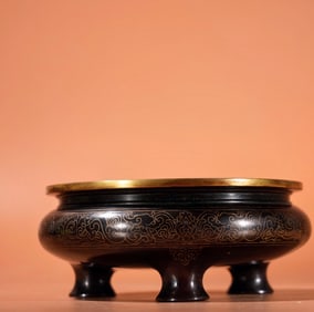 A Exquisite Red Copper Silver-Inlaid Gilt Censer