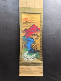 A Chinese Hand Scroll Ink Painting of Landscapes on Paper
