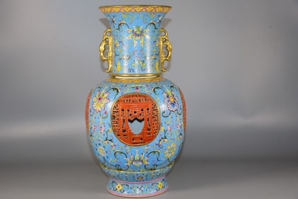 A Exquisite Sky Blue Glazed Iron-Red Painted Gold Lotus Pattern Vase