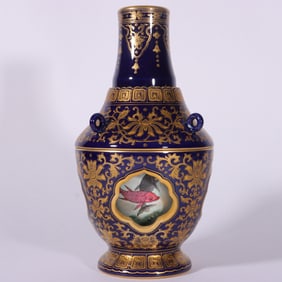 A Exquisite Famille-Rose Ji Blue Glazed Painted Gold Flower Fish Pattern Vase