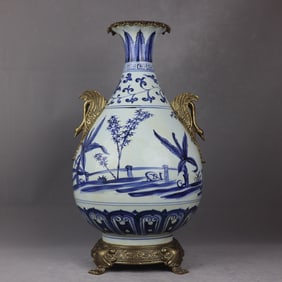 A Exquisite Blue and White Inlaid Copper Landscape Pattern Double Ear Vase