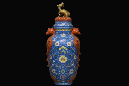 A Exquisite Iron-Red Red and Blue Ground Painted Gold Lotus Pattern Peacock-Ears Jar