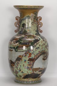 A Exquisite Gold Ground Enamel Landscape and Figures Pattern Double-Ears Vase