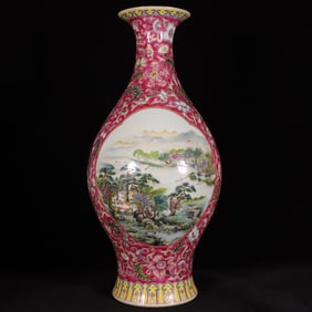 A Exquisite Famille-Rose Ruby Red-Glazed Ground Lotus and Landscape Pattern Vase