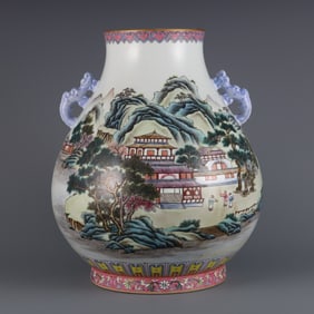 A Exquisite Famille-Rose Landscape Pattern Double-Ears Vase
