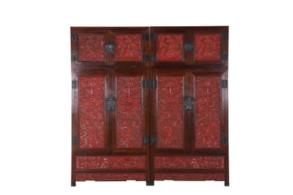 A pair of Huge Huanghuali Wood Inlaid with Carved Red Lacquer Dragon Pattern Top Cabinet