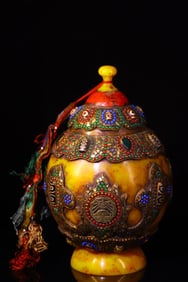 A Exquisite Amber Cloisonne Inlaid Gems Dzi bead Jar