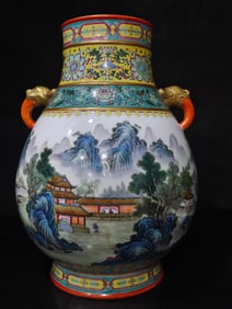 A Exquisite Famille-Rose Landscape Pattern Double-Ears Vase