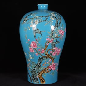 A Exquisite Blue Ground Famille-Rose Flower and Bird Pattern Vase