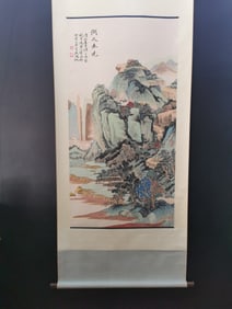 A Chinese Vertical Scroll Ink Painting of Landscapes on Paper