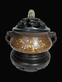 A Rare Bronze Body Sprinkled Gold Beast-Ear Incense Censer, with Zitan Wood Base