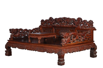 A Huge Huanghuali Wood Dragon Head Daybed with Kang Table