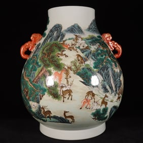 A Exquisite Famille-Rose Sika Deer Pattern Ruyi-Ears Vase