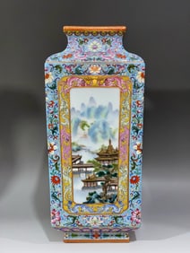 A Exquisite Blue Ground Famille-Rose Lotus Pattern Landscape Pattern Vase