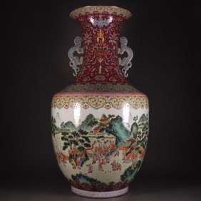 A Exquisite Famille-Rose Ruby Red-Glazed Ground Figures Pattern Double-Ears Vase