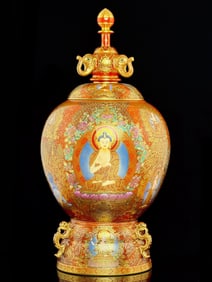 A Exquisite Iron-Red Painted Gold Buddha statue Pattern Pagoda