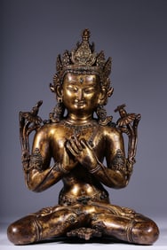 A Rare Gilt Bronze Inlaid Turquoise Statue of Green Tara