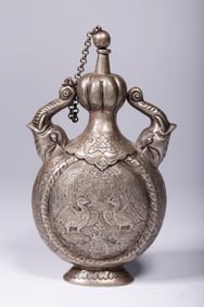 A Rare Silver Carved Phoenix and Flower Pattern Elephant-Ears Vase