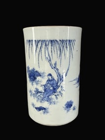 A Exquisite Blue and White Figures and Flower Pattern Brush Pot
