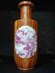 A Exquisite Imitation Wood Grain Glaze and Ruby Red-Glazed Landscape Pattern Vase