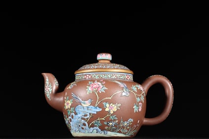 A Exquisite Famille Rose Flower and Bird Pattern Purple Sands Ewer