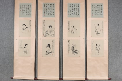 A Set of Chinese Vertical Scroll China Ink Painting of Figures on Paper
