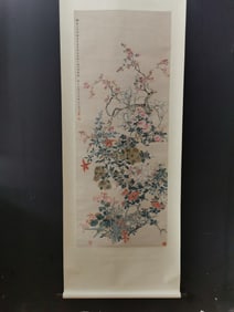A Chinese Vertical Scroll Ink Painting of Flowers on Paper