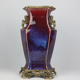 A Exquisite Kiln Transformation Glazed Inlaid Copper Double Ear Vase