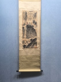 A Chinese Vertical Scroll Ink Painting of Landscapes on Paper