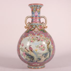 A Exquisite Famille-Rose Ruby Red-Glazed Ground Flower Bird Double-Ears Vase