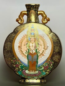 A Exquisite Black Ground Painted Gold Buddha statue Pattern Ruyi -Ears Vase