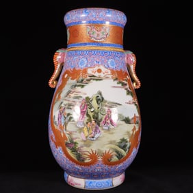 A Exquisite Famille-Rose Figures Pattern Elephant-Ears Vase