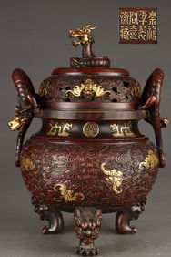 Gilt Red Copper Bat Pattern Dragon-Ears Censer