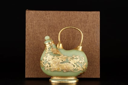 A Exquisite Gilt Bronze Hotan Jade Auspicious Beast Pattern Ewer