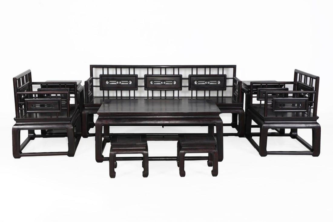 A Set of Huge Zitanwood Comb-Back Tea Table: A Set of Huge Zitanwood Comb-Back Tea Table,Qing Dynasty, China,(Long Chair 1)Size: 73.2inx21.7inx31.5in, (Chair 2)Size: 30.7inx21.7inx31.5in, (Coffee Table 1)Size: 47.2inx31.5inx19.7in, (Coffee Table