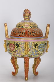 A Exquisite Yellow Ground Enamel Hollow Tripod Censer