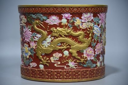 A Exquisite Enamel Painted Gold Dragon Pattern Brush Pot